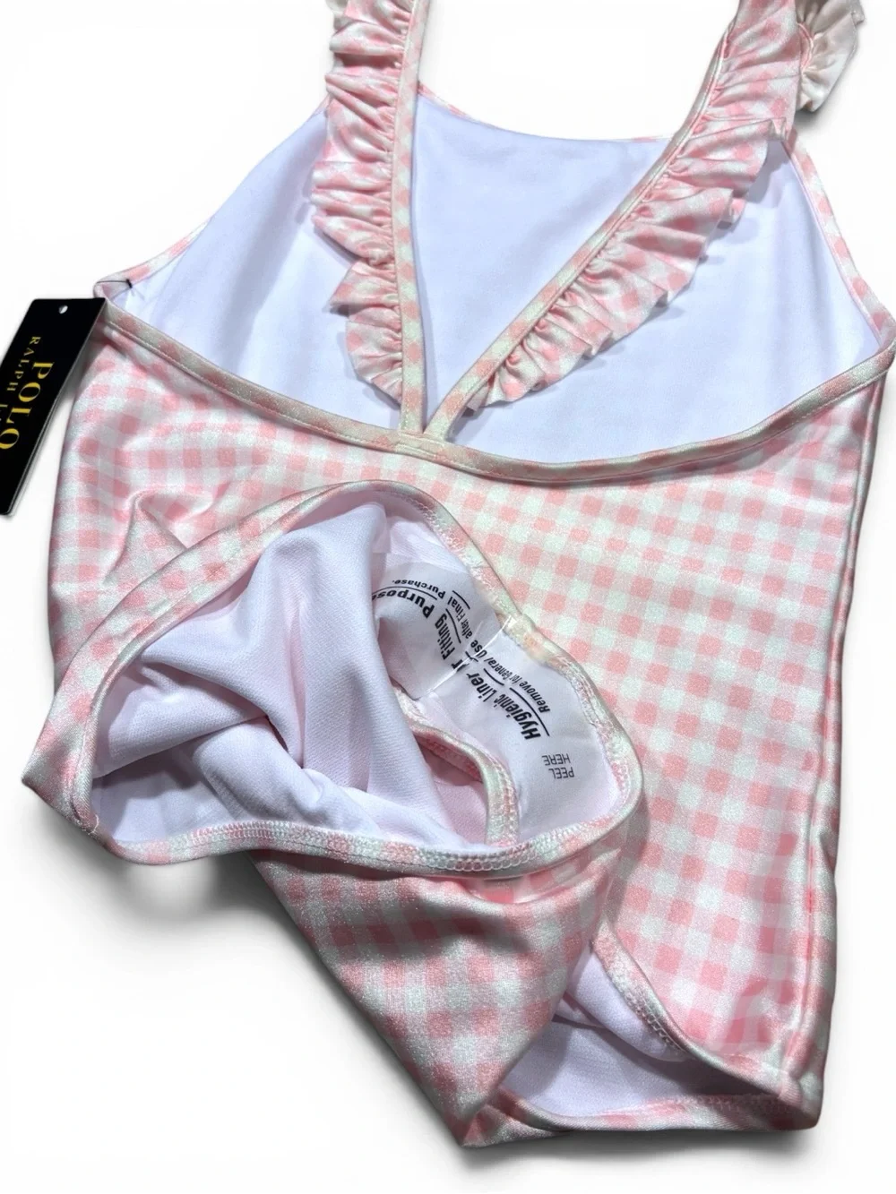 Polo Ralph Lauren Girls Pink Gingham Ruffle Strap One Piece Swimsuit Size 10 NWT